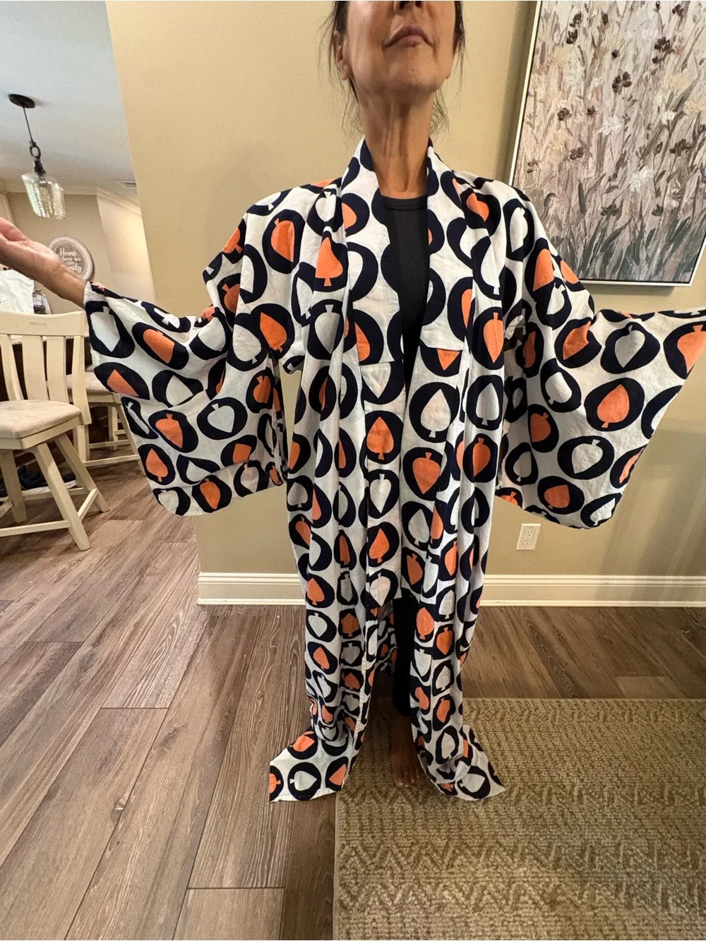 Kiyoka White Navy and Orange club Printed kimono